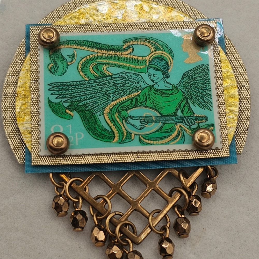 Vintage Angel Postage Stamp Brooch Mixed Media Celestial Lute Player Dangle Art